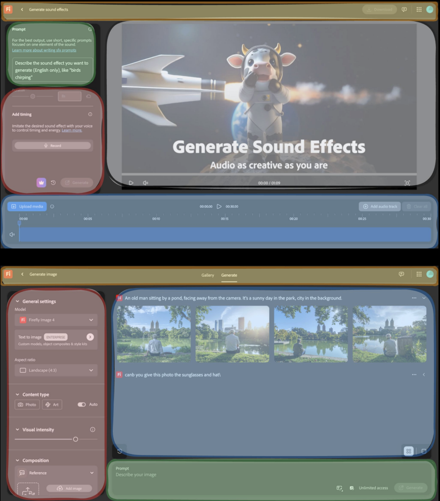 Annotated Adobe Firefly layouts showing settings, workspace, and prompt regions across sound and image generation