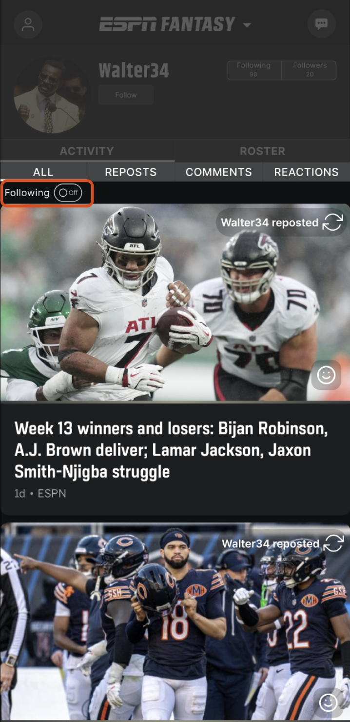 ESPN Fantasy activity feed with the Following filter turned off