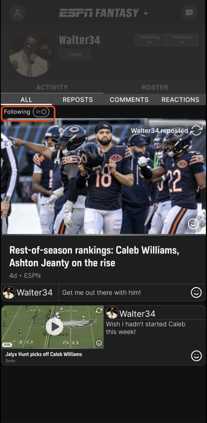 ESPN Fantasy activity feed with the Following filter turned on