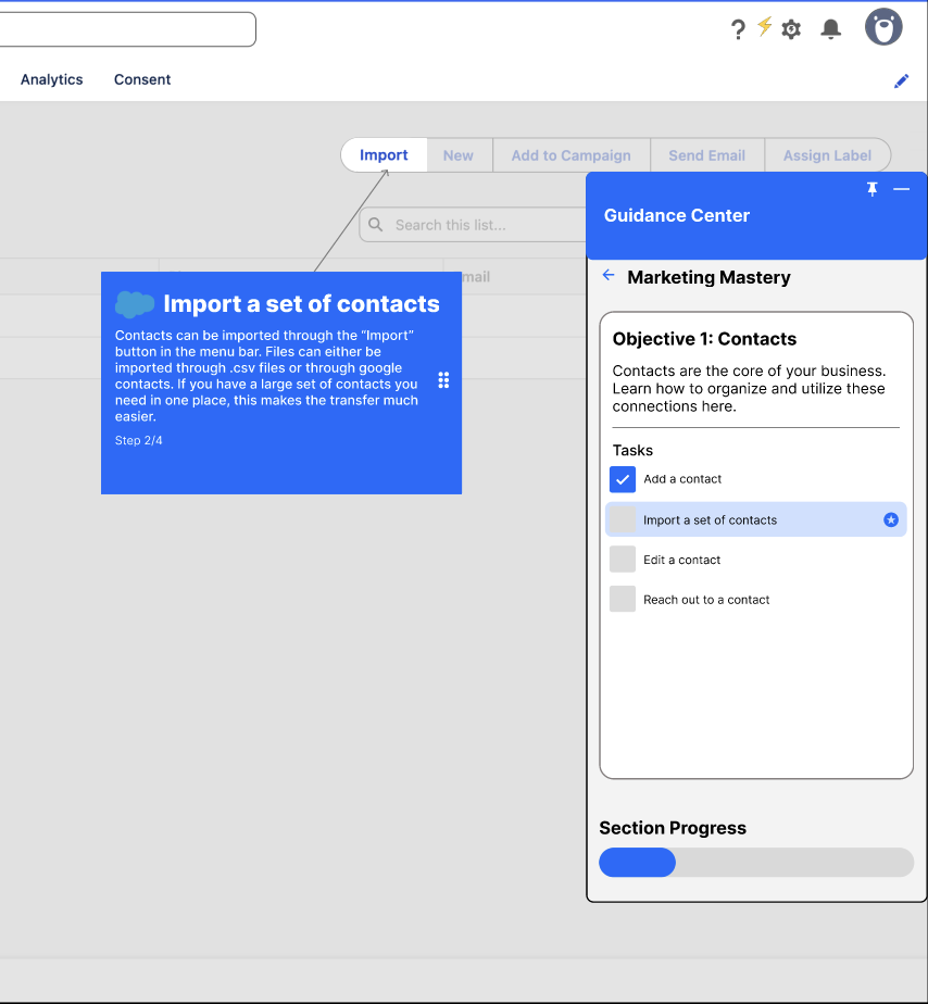 Marketing Mastery walkthrough guiding a user through importing contacts